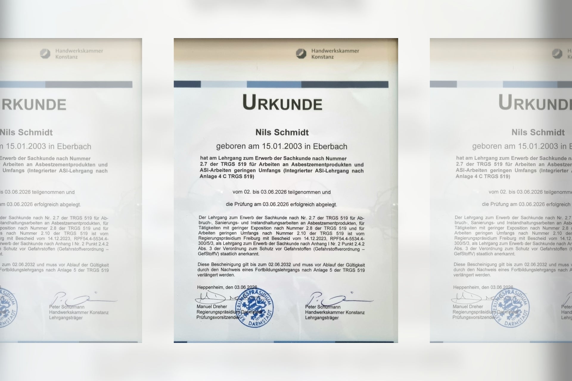 Urkunde über den erfolgreich bestandenen Sachkundenachweis nach TRGS 519 für Nils vom Malerbetrieb Schmidt.