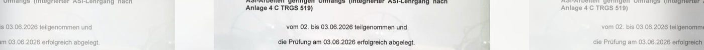 Urkunde über den erfolgreich bestandenen Sachkundenachweis nach TRGS 519 für Nils vom Malerbetrieb Schmidt.
